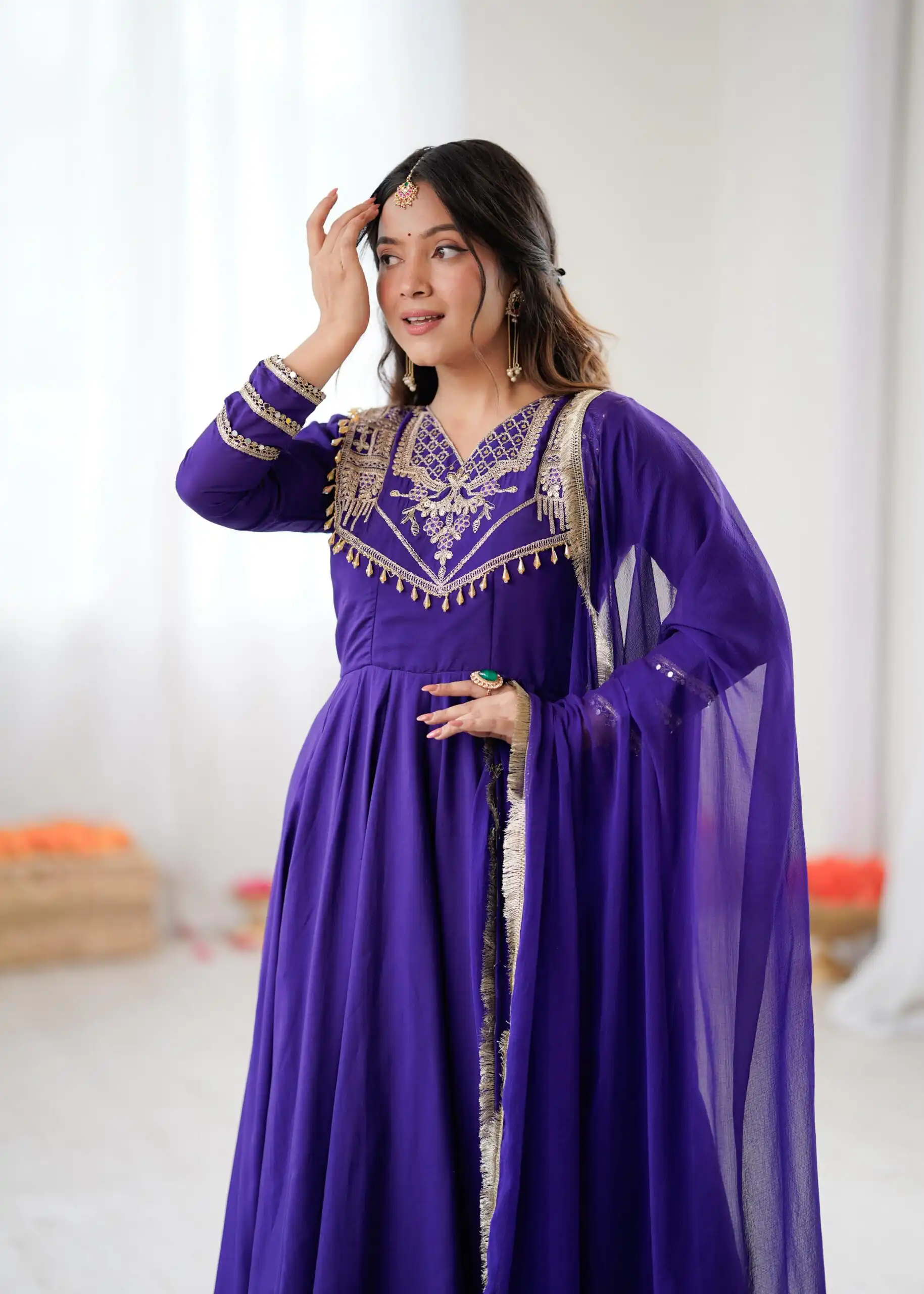 Purple Roman Silk Lace Work Border Gown - Image 12