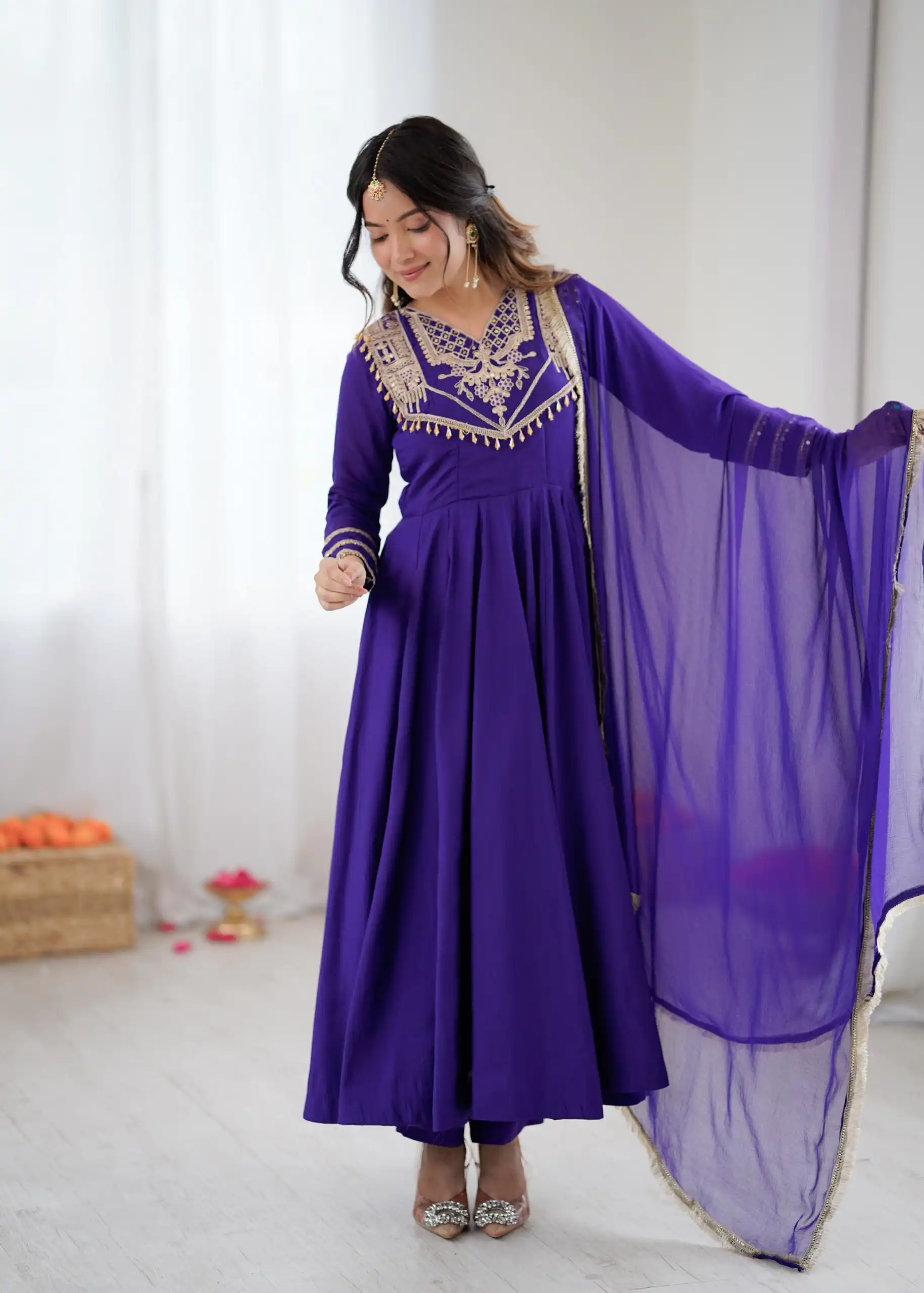 Purple Roman Silk Lace Work Border Gown - Image 3