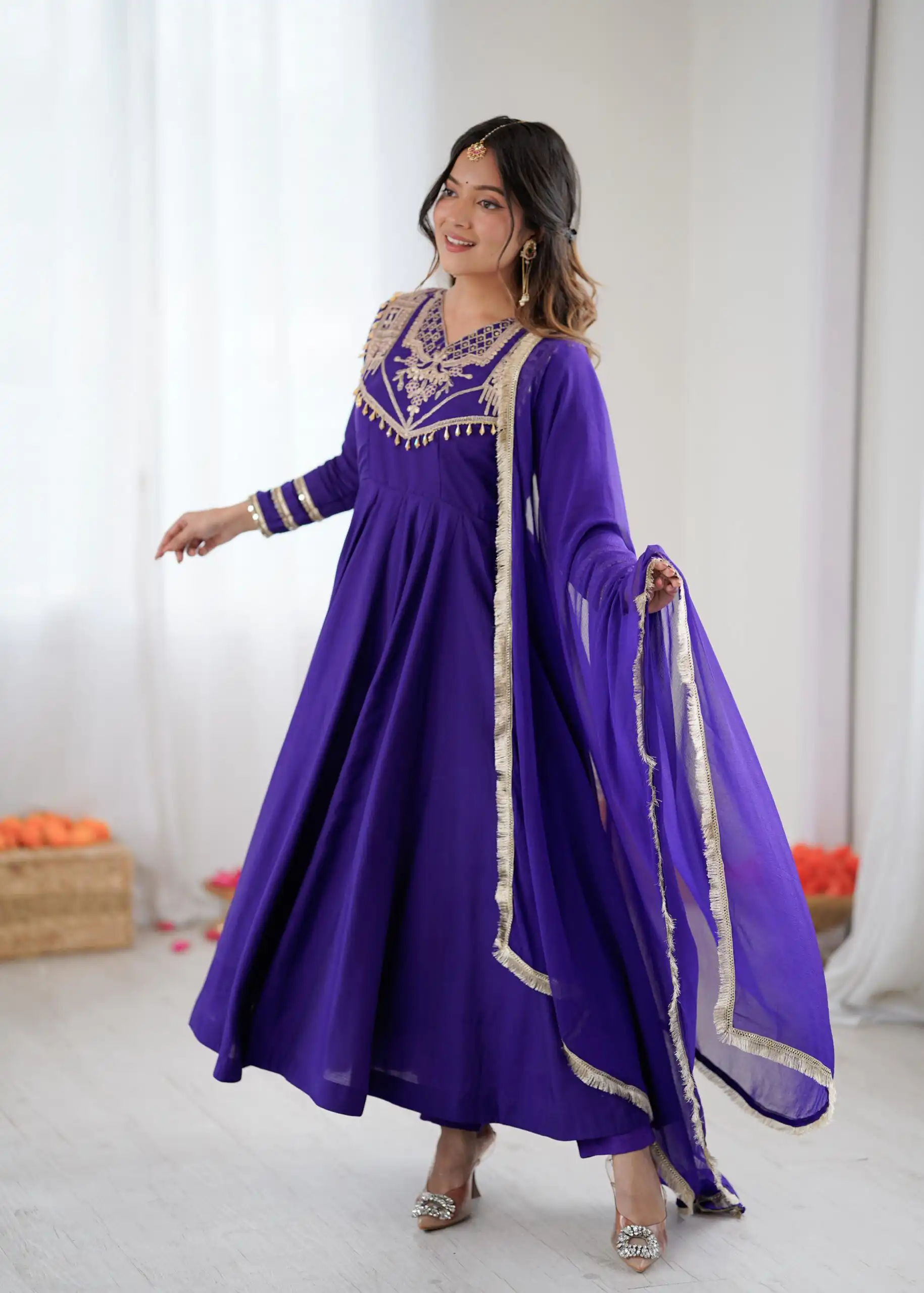 Purple Roman Silk Lace Work Border Gown