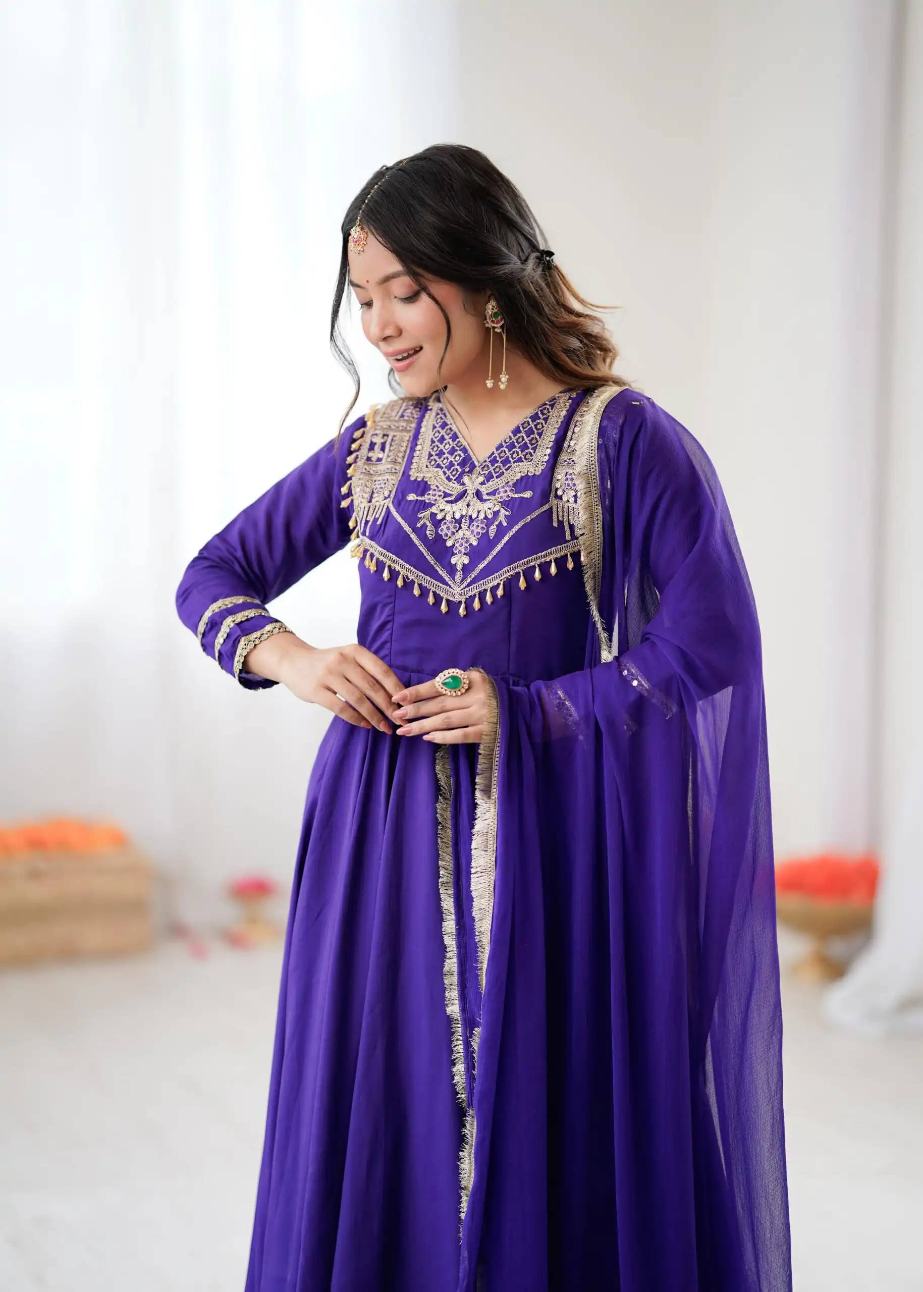 Purple Roman Silk Lace Work Border Gown - Image 11