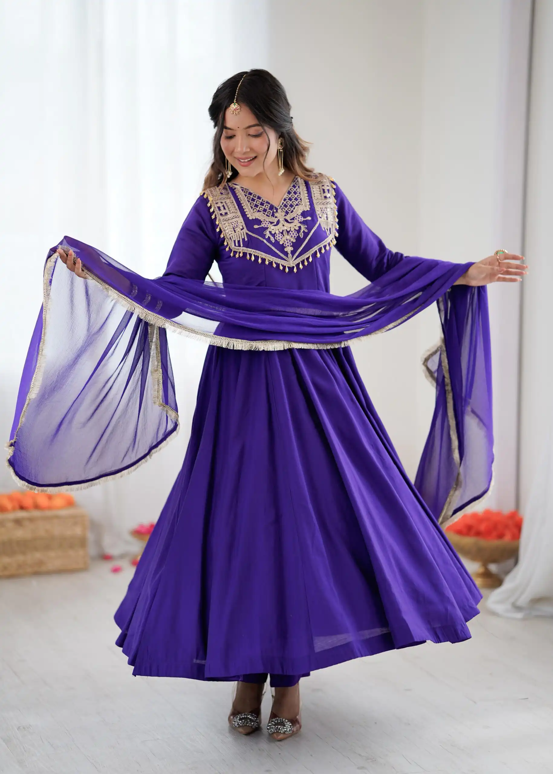 Purple Roman Silk Lace Work Border Gown - Image 9