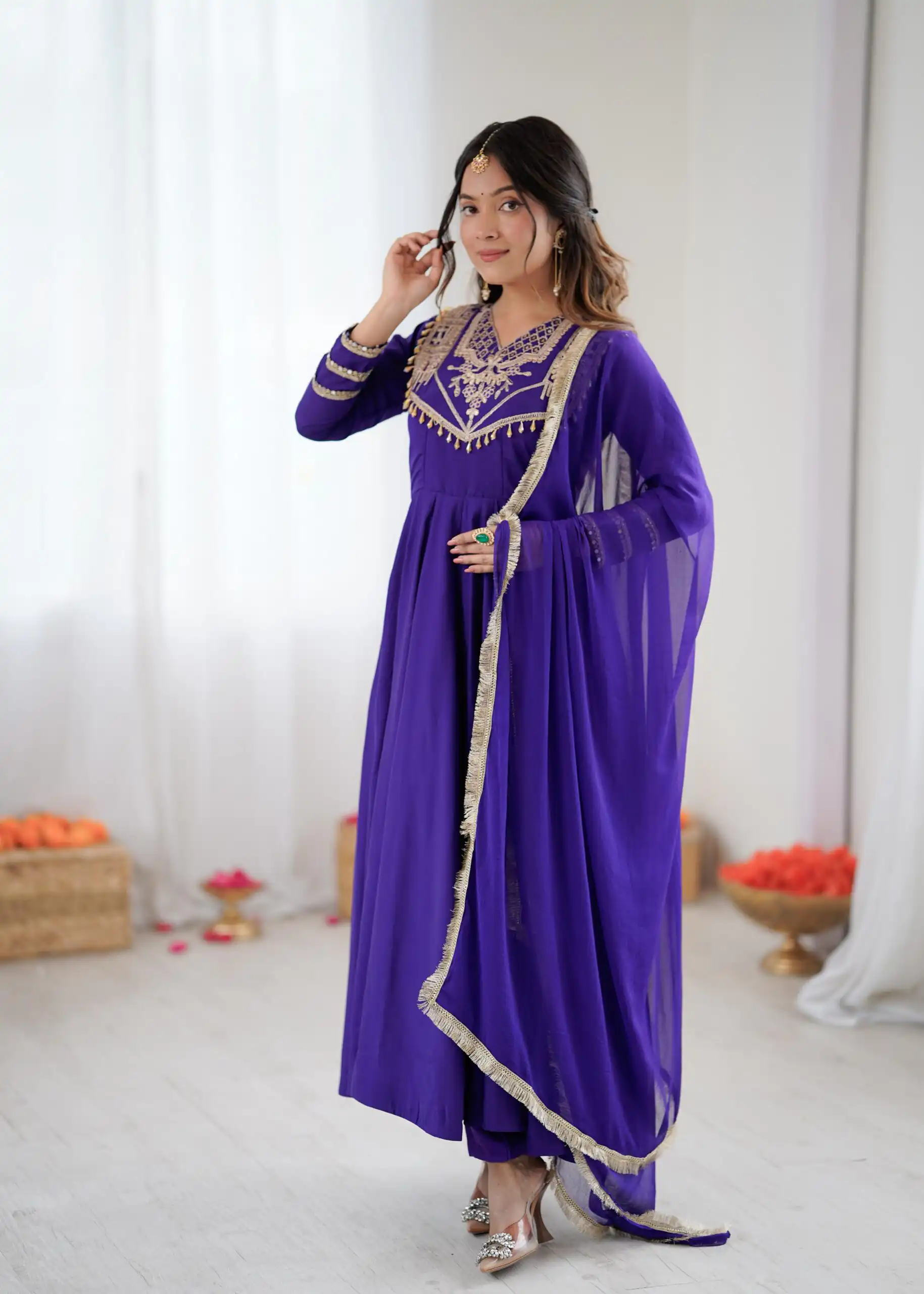 Purple Roman Silk Lace Work Border Gown - Image 7