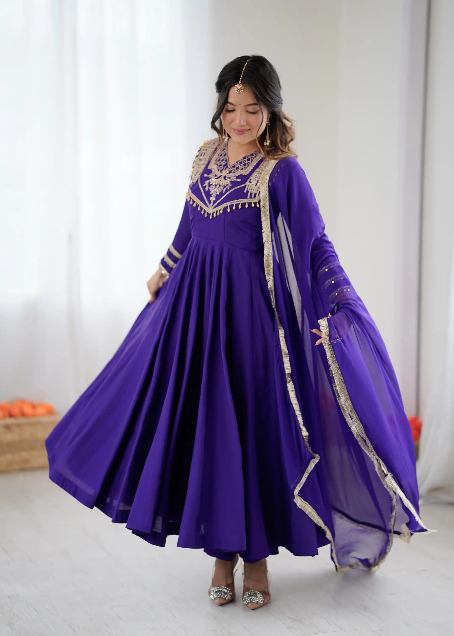 Purple Roman Silk Lace Work Border Gown - Image 6