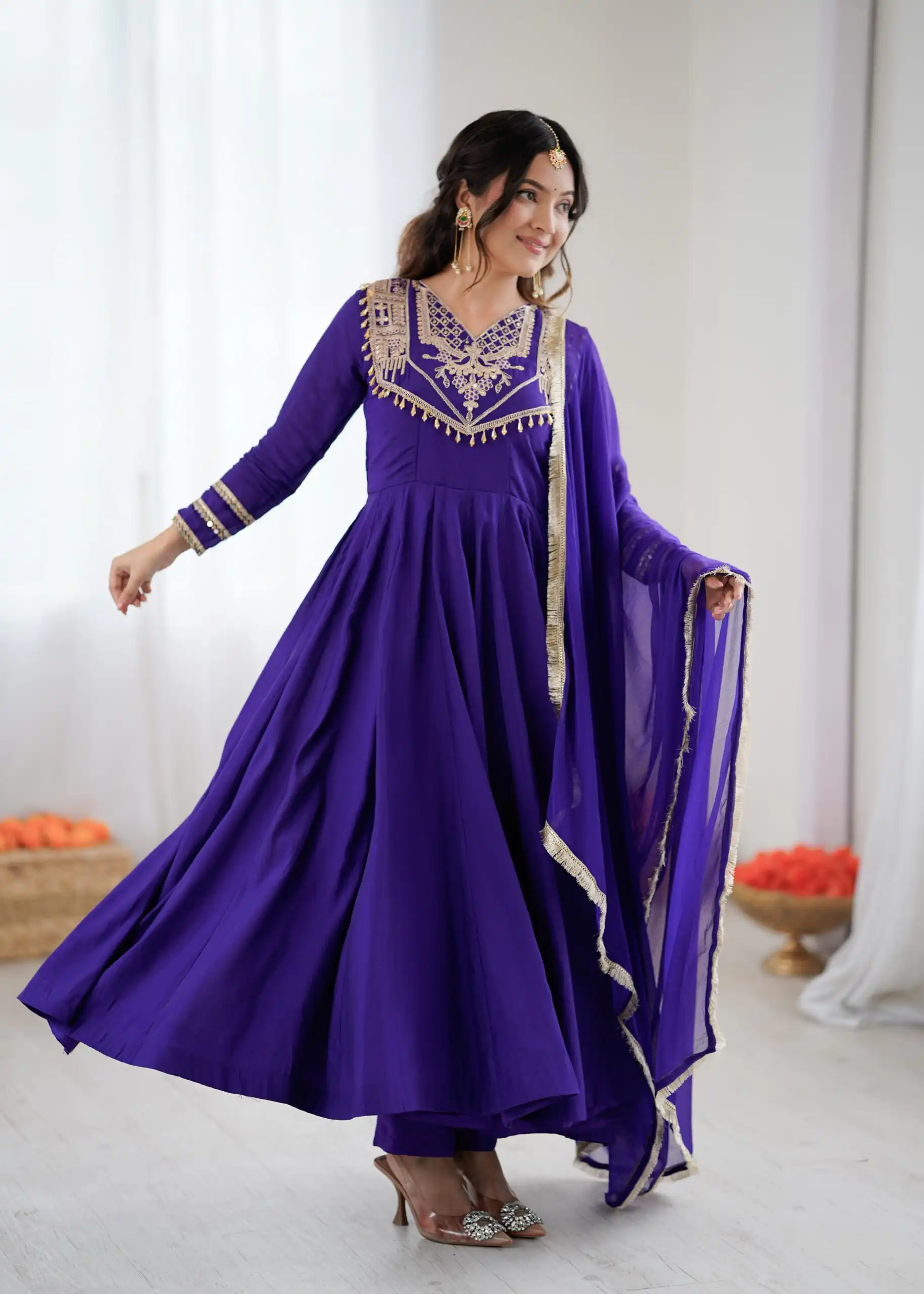 Purple Roman Silk Lace Work Border Gown - Image 4