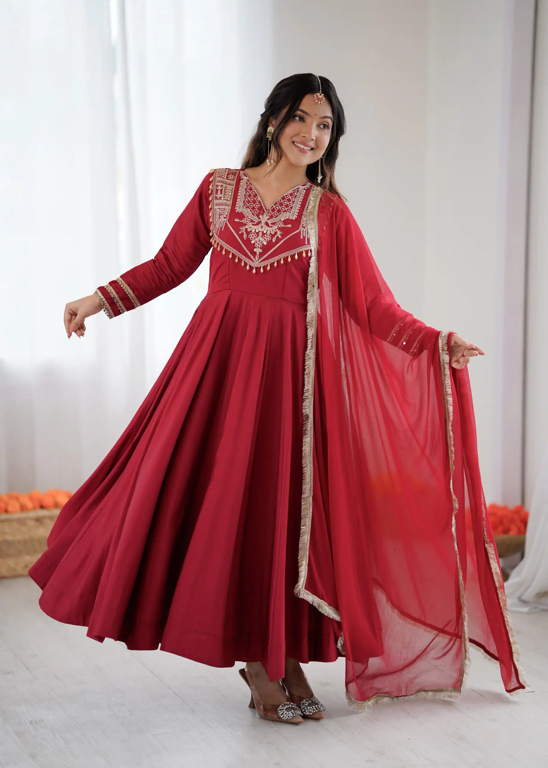 Red Roman Silk Lace Work Border Gown - Image 9