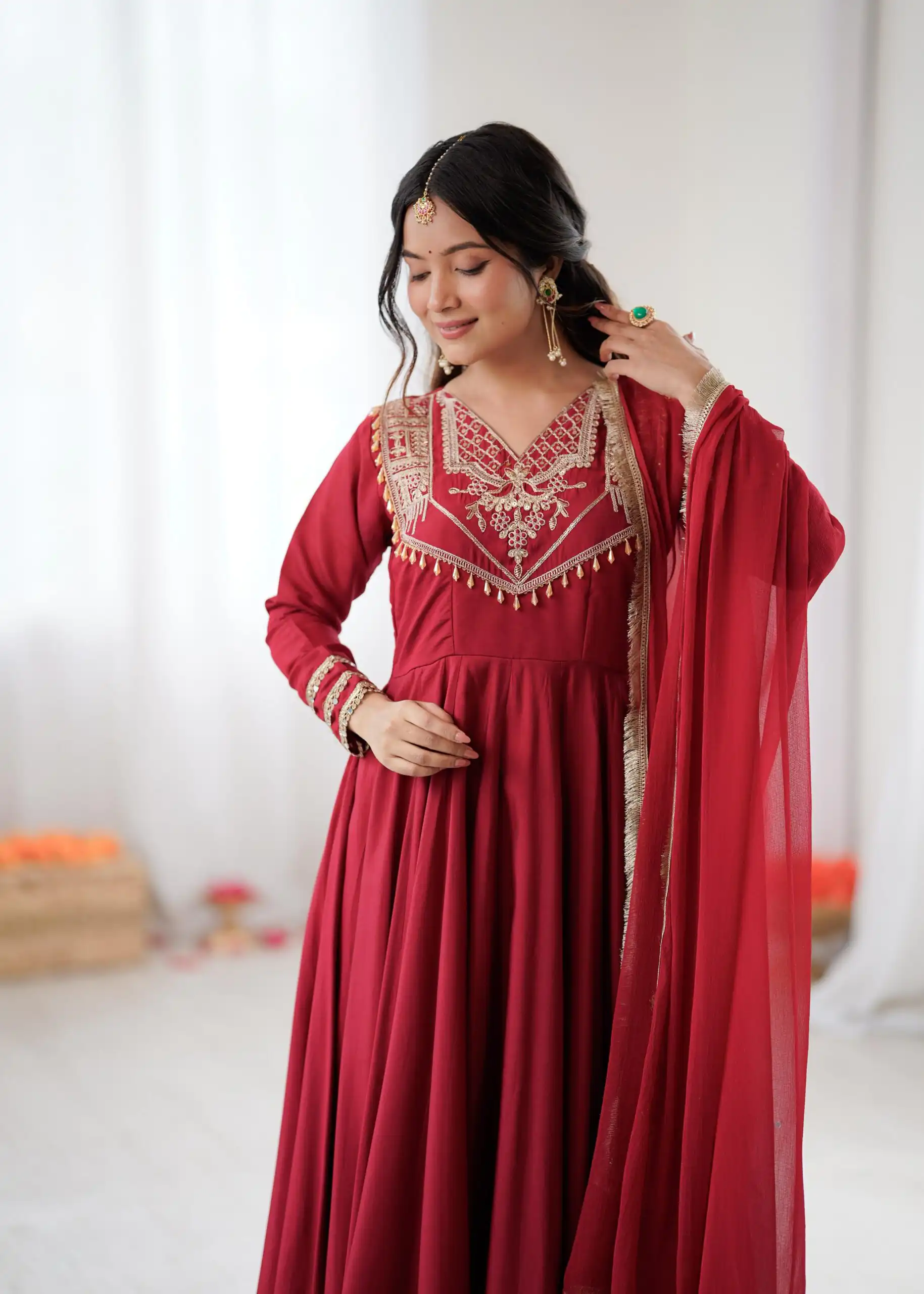 Red Roman Silk Lace Work Border Gown - Image 6
