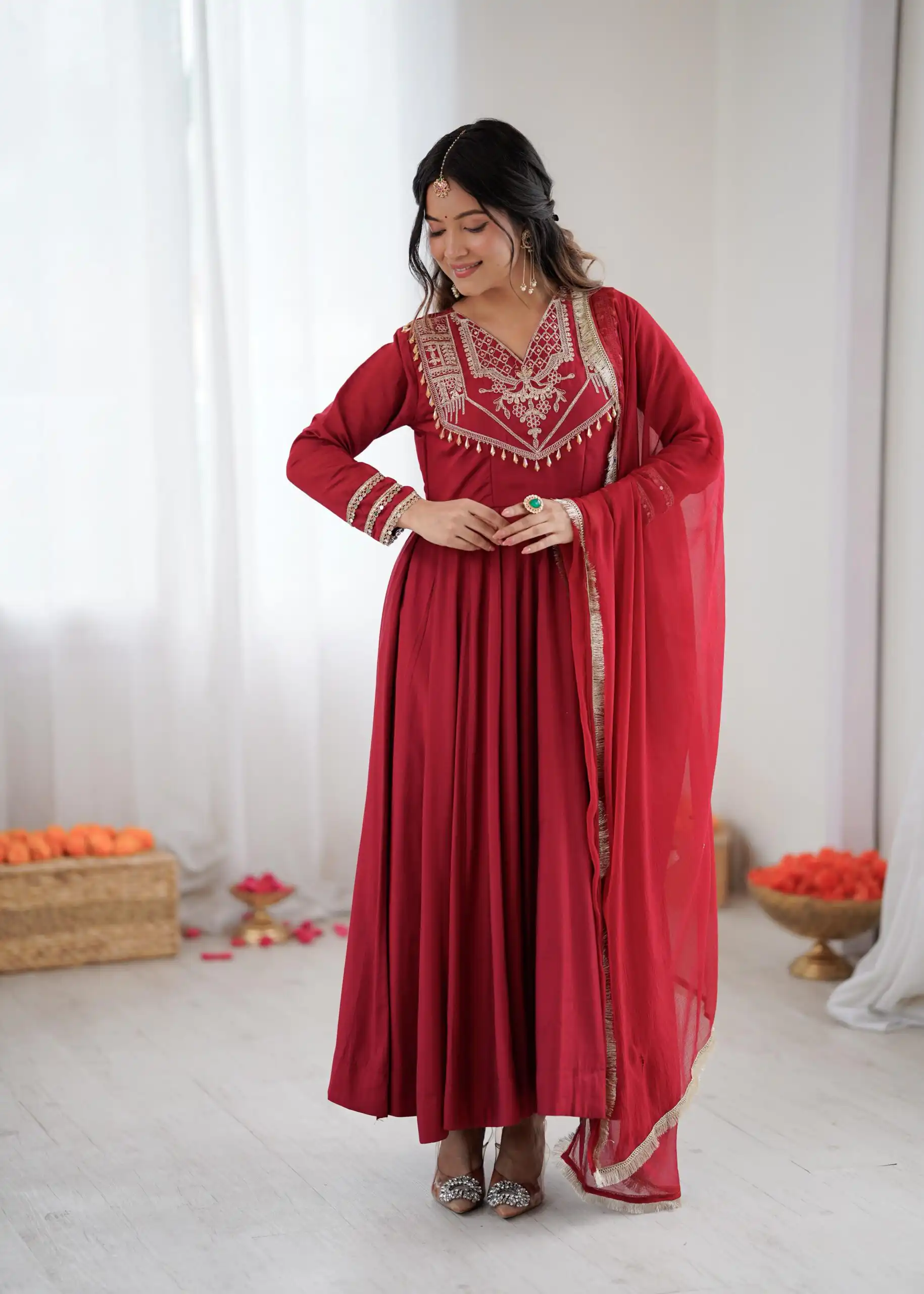 Red Roman Silk Lace Work Border Gown - Image 3