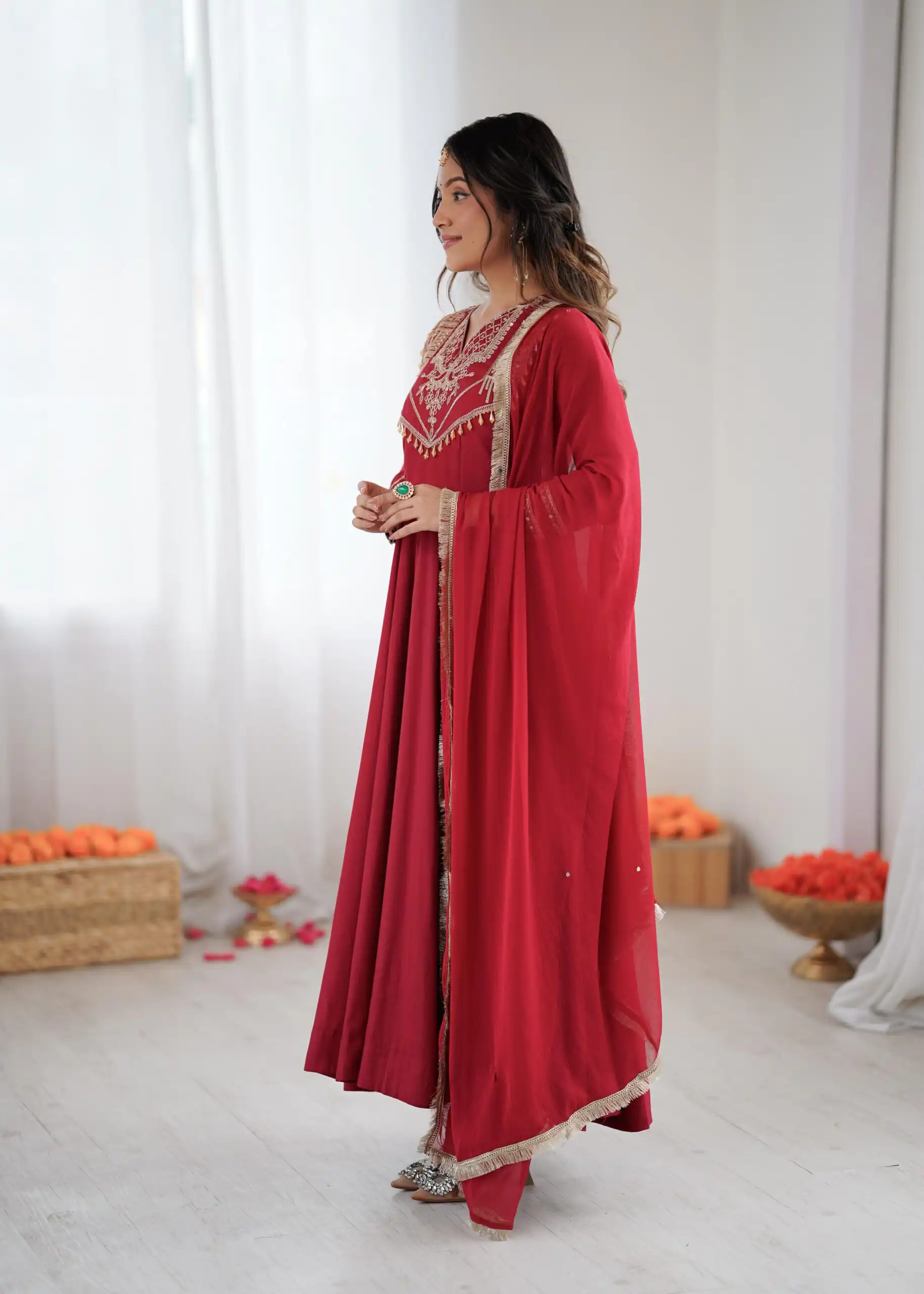 Red Roman Silk Lace Work Border Gown - Image 14