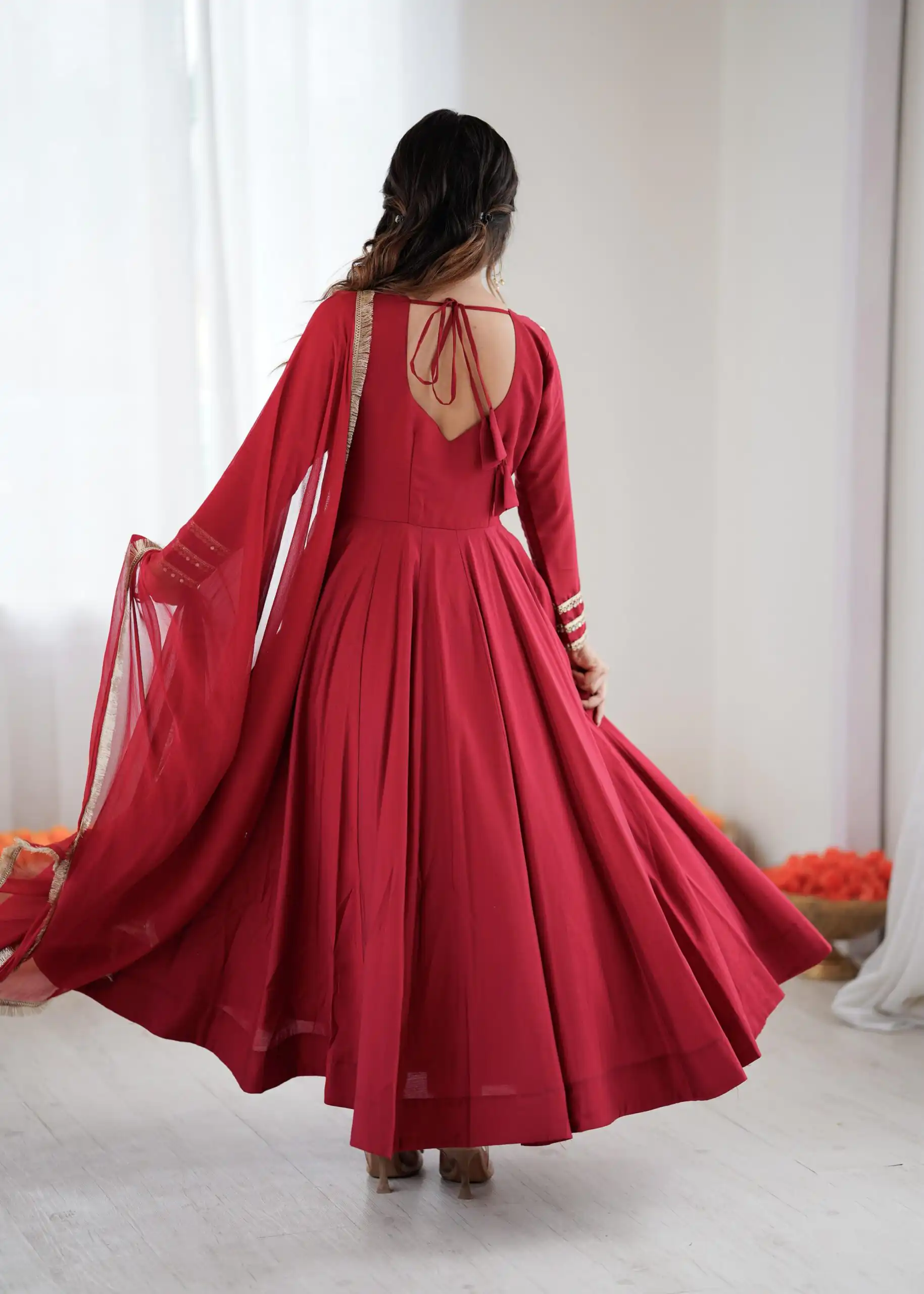 Red Roman Silk Lace Work Border Gown - Image 12