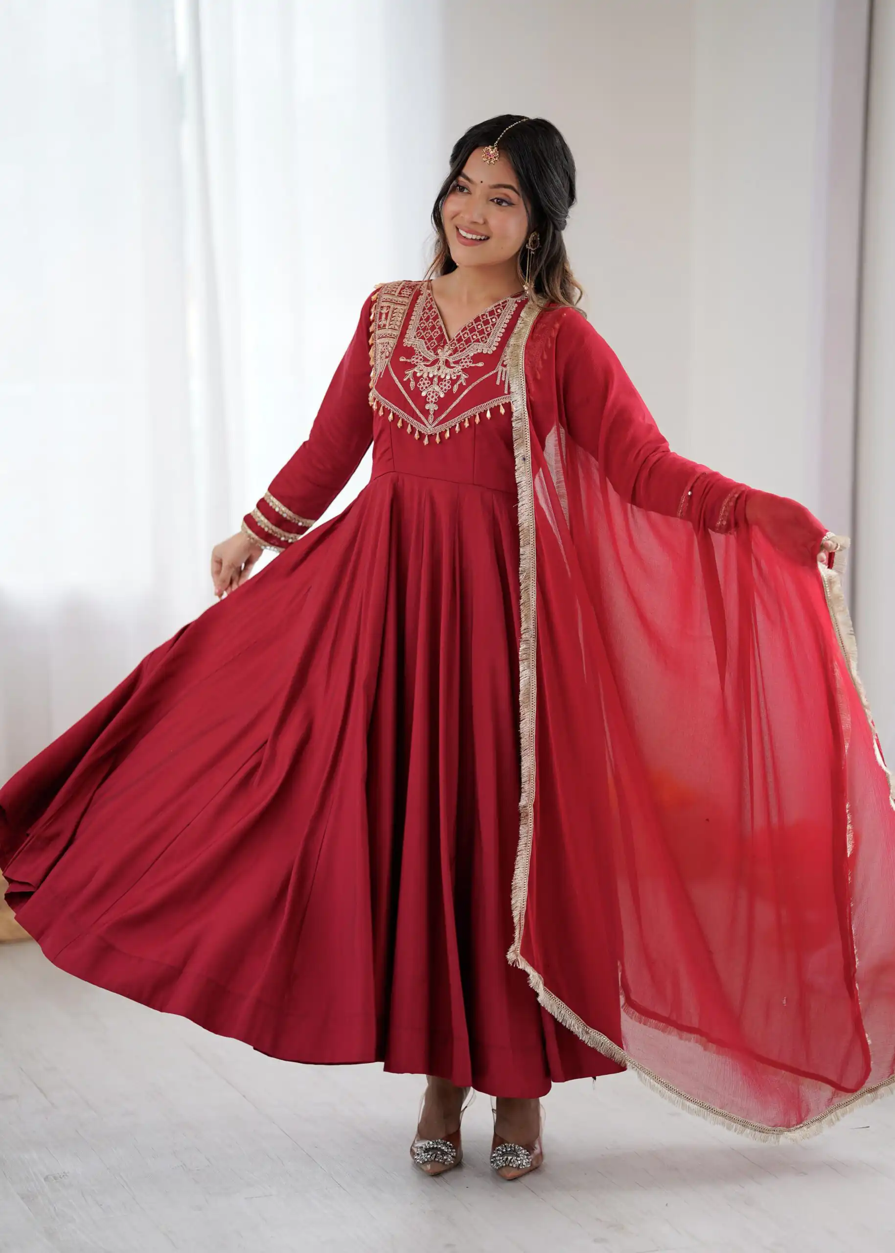 Red Roman Silk Lace Work Border Gown - Image 11