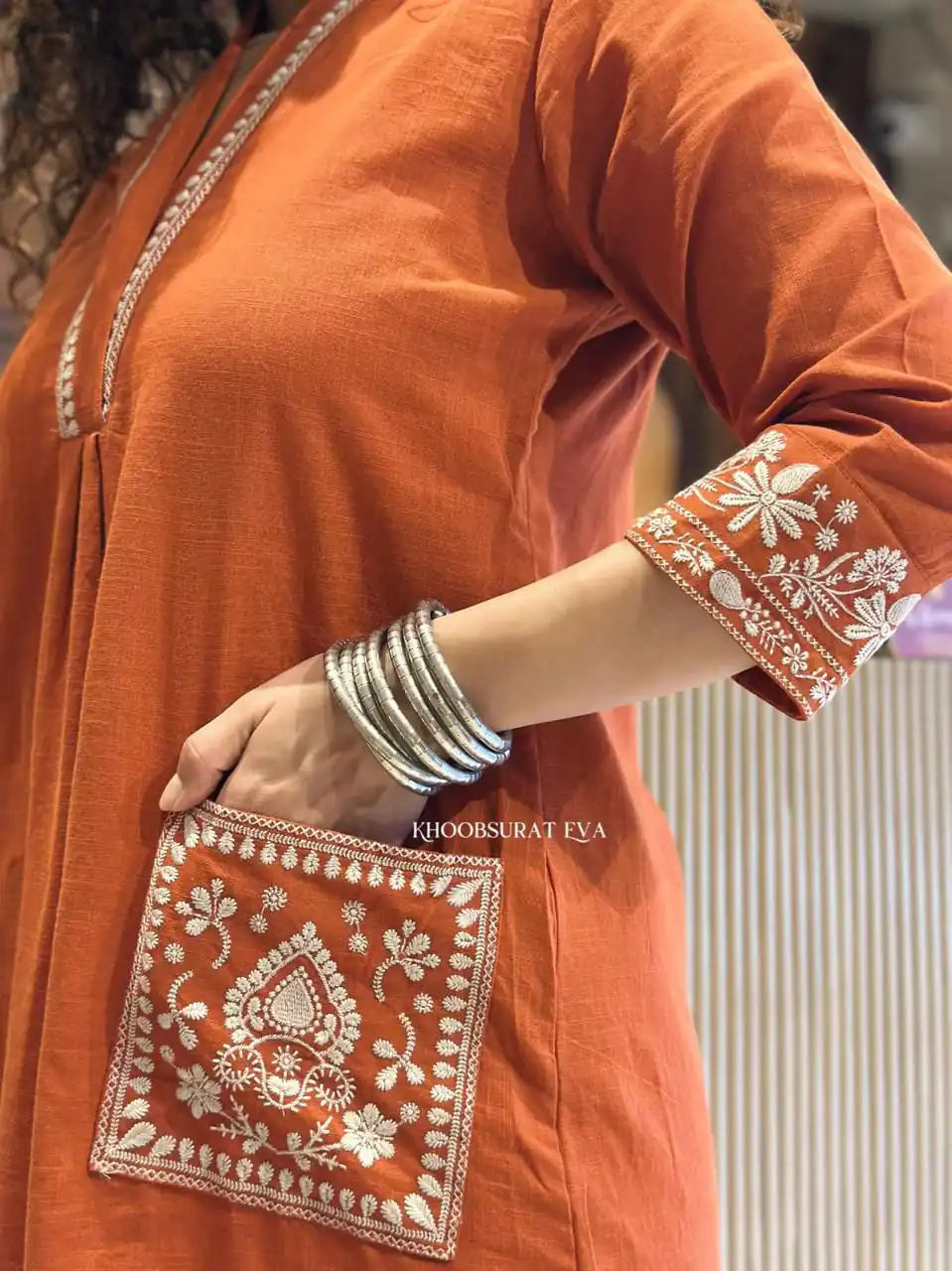 Rust Cambric Cotton Embroidery Lace Work Kurti - Image 4