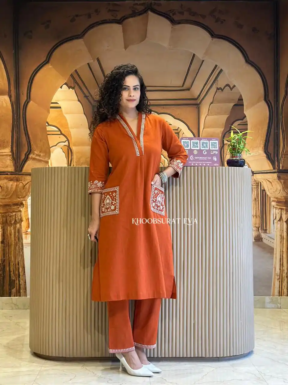 Rust Cambric Cotton Embroidery Lace Work Kurti - Image 3