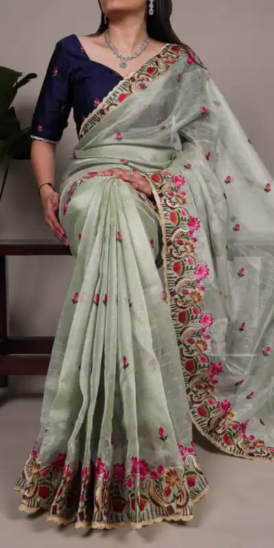 Sea Green Zari Kota Tissue Embroidery Zari Work Saree