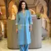 Sky Blue Cambric Cotton Embroidery Lace Work Kurti
