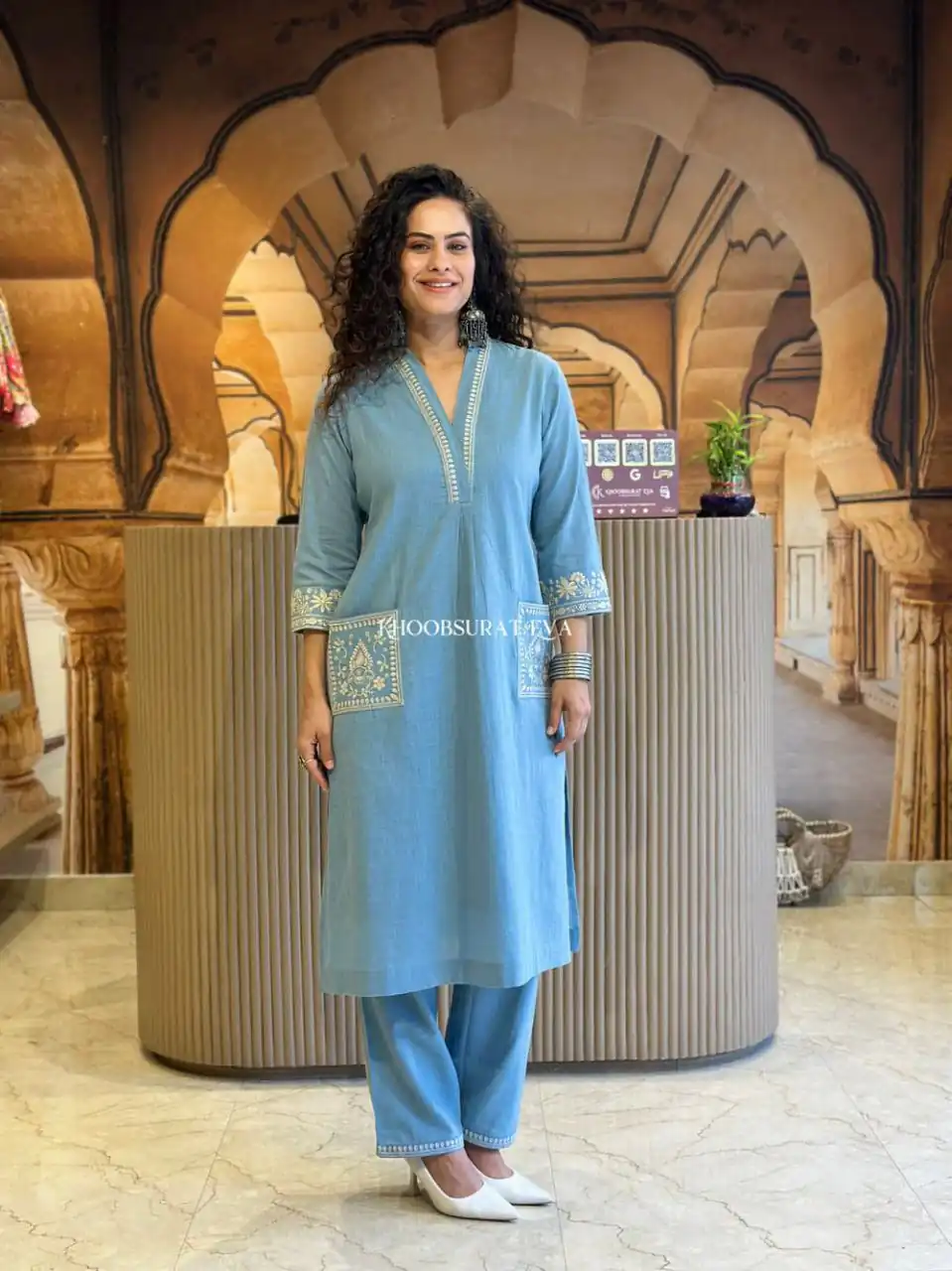 Sky Blue Cambric Cotton Embroidery Lace Work Kurti