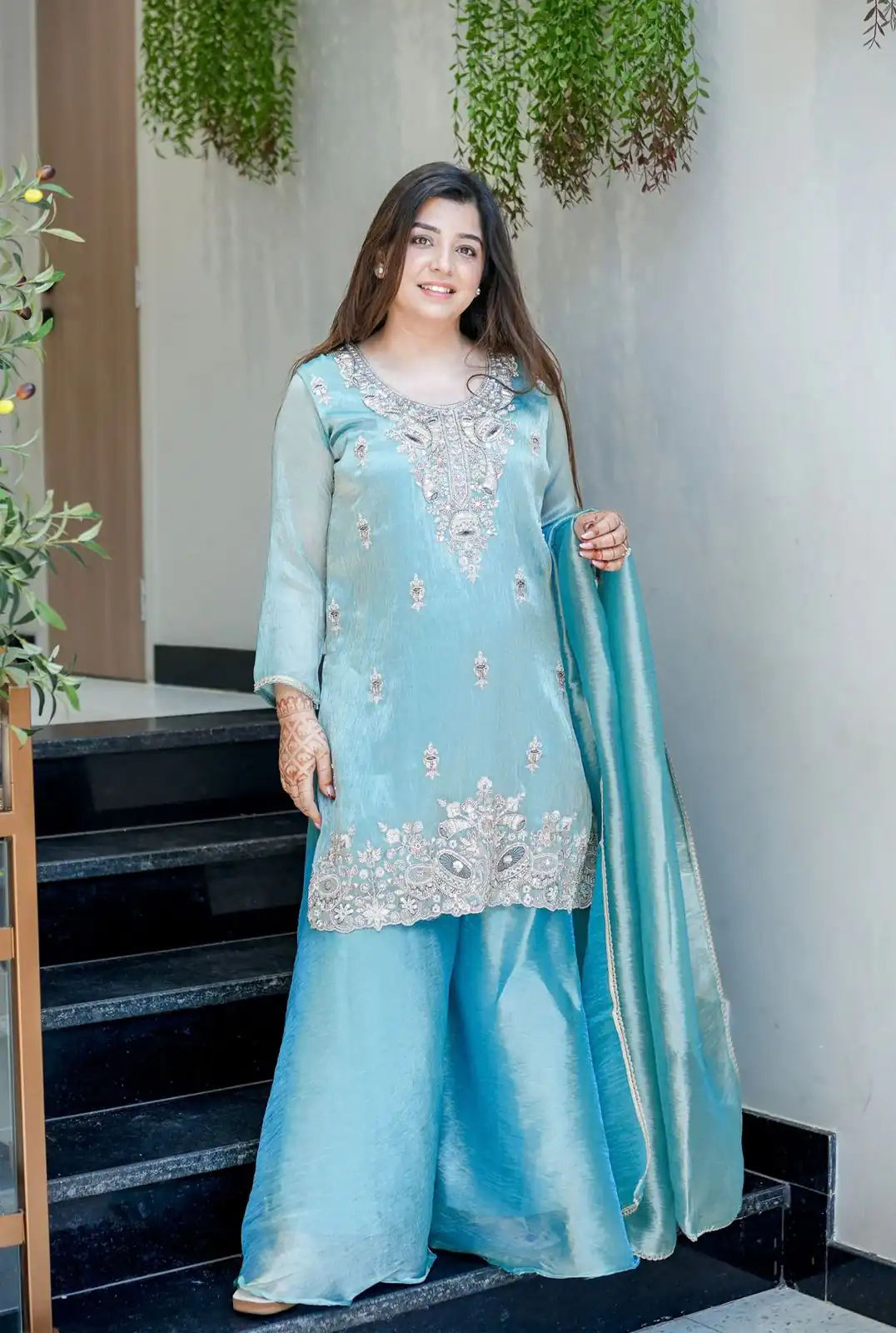 Sky Blue Jimmy Choo Embroidery Lace Work Salwar Suit - Image 3