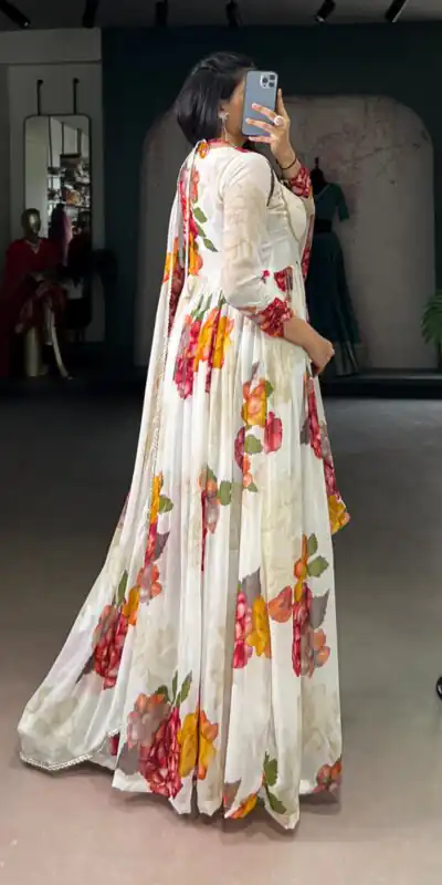 YNF 5103 White Lace Work Gown in Chiffon. Get it for ₹1899. Wedding, Party, Festive, Events Delivery 4-6 Working Days. Shop now. | Gowns, Bollywood Gowns, Creative Gowns, Designer Gowns, Embroidered Gowns, Party Wear Gowns