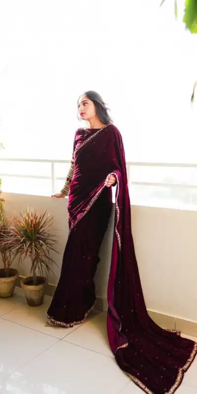 Wine 9000 Velvet Embroidery Lace Work Saree